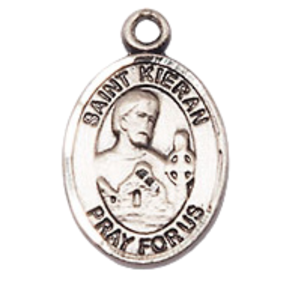 Small Sized Women's Pewter Saint Kieran Medal Pendant on 18 Inch Rhodium Plated Lite Curb Brass Chain with Lobster Claw Clasp, Catholic Religious Necklace - Made in USA- Velvet Gift Box
