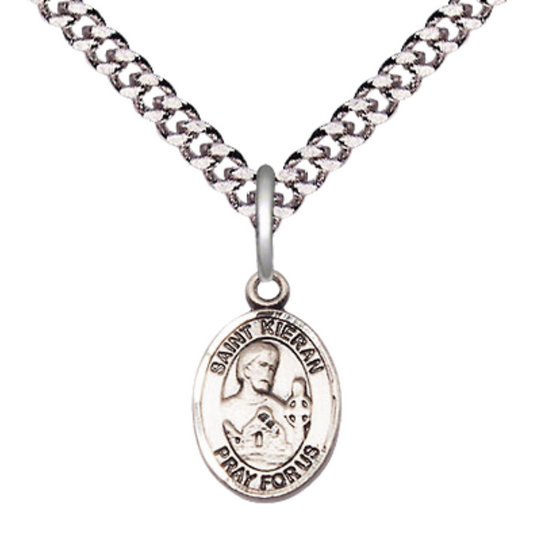 Small Sized Men's Pewter Saint St. Kieran Medal Pendant on 24 Inch Endless Rhodium Plated Heavy Curb Brass Chain, Catholic Religious Necklace - Made in USA- Deluxe Velvet Gift Box