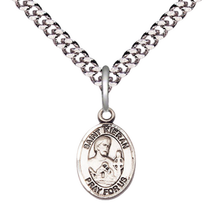 Small Sized Men's .925 Sterling Silver Saint St. Kieran Medal Pendant on 24 Inch Endless Rhodium Plated Heavy Curb Brass Chain, Catholic Religious Necklace - Made in USA- Deluxe Velvet Gift Box