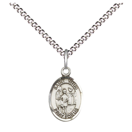 Small Sized Women's .925 Sterling Silver Saint St. Vitus Medal Pendant on 18 Inch Rhodium Plated Lite Curb Brass Chain with Lobster Claw Clasp, Catholic Religious Necklace - Made in USA- Velvet Gift Box