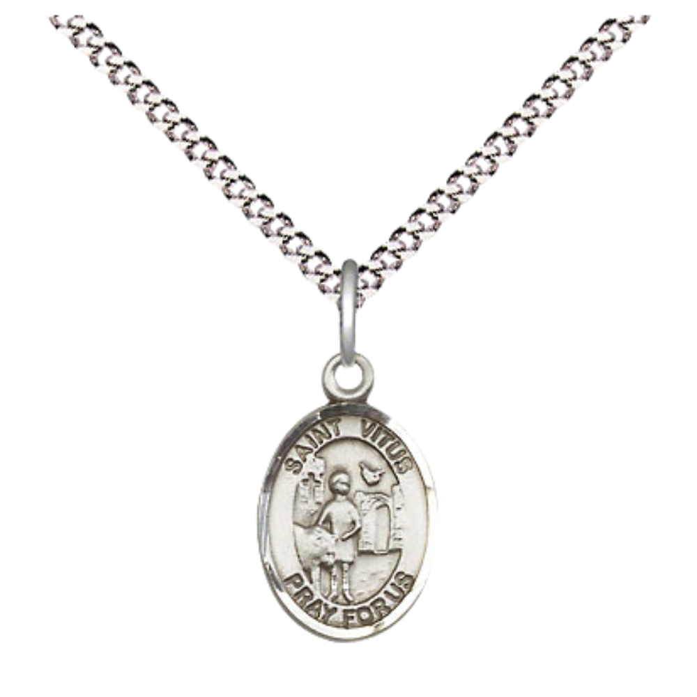 Small Sized Women's Pewter Saint Vitus Medal Pendant on 18 Inch Rhodium Plated Lite Curb Brass Chain with Lobster Claw Clasp, Catholic Religious Necklace - Made in USA- Velvet Gift Box
