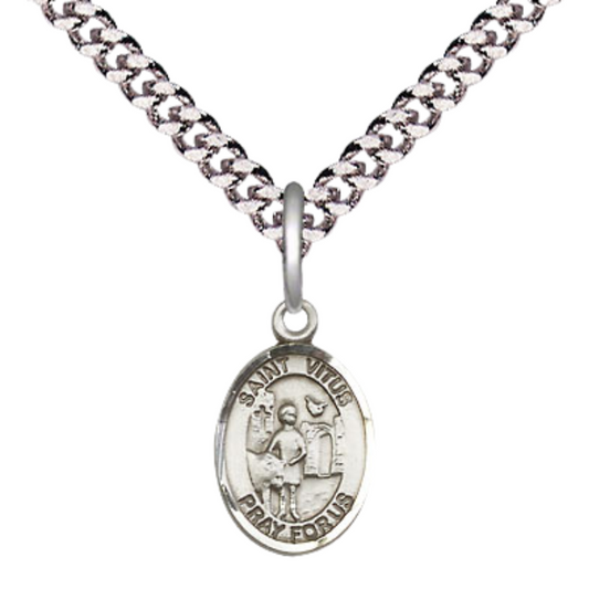 Everlasting Light Jewelry Small Sized Men's Pewter Saint St. Vitus Medal Pendant on 24 Inch Endless Rhodium Plated Heavy Curb Brass Chain, Catholic Religious Necklace - Made in USA- Deluxe Velvet Gift Box
