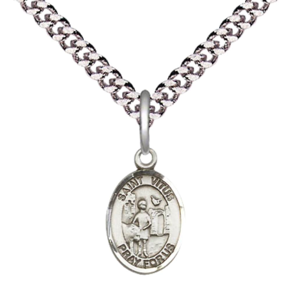Small Sized Men's .925 Sterling Silver Saint St. Vitus Medal Pendant on 24 Inch Endless Rhodium Plated Heavy Curb Brass Chain, Catholic Religious Necklace - Made in USA- Deluxe Velvet Gift Box