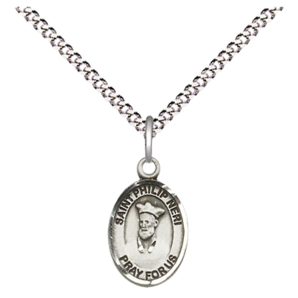 Small Sized Women's Pewter Saint St. Philip Neri Medal Pendant on 18 Inch Rhodium Plated Lite Curb Brass Chain with Lobster Claw Clasp, Catholic Religious Necklace - Made in USA- Velvet Gift Box
