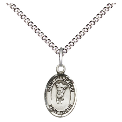 Small Sized Women's .925 Sterling Silver Saint St. Philip Neri Medal Pendant on 18 Inch Rhodium Plated Lite Curb Brass Chain with Lobster Claw Clasp, Catholic Religious Necklace - Made in USA- Velvet Gift Box