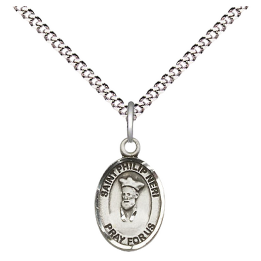 Small Sized Women's .925 Sterling Silver Saint St. Philip Neri Medal Pendant on 18 Inch Rhodium Plated Lite Curb Brass Chain with Lobster Claw Clasp, Catholic Religious Necklace - Made in USA- Velvet Gift Box