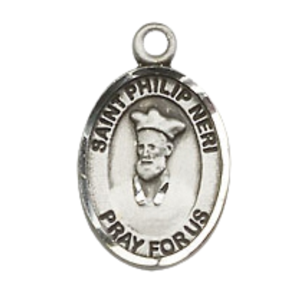 Small Sized Men's .925 Sterling Silver Saint St. Philip Neri Medal Pendant on 24 Inch Endless Rhodium Plated Heavy Curb Brass Chain, Catholic Religious Necklace - Made in USA- Deluxe Velvet Gift Box