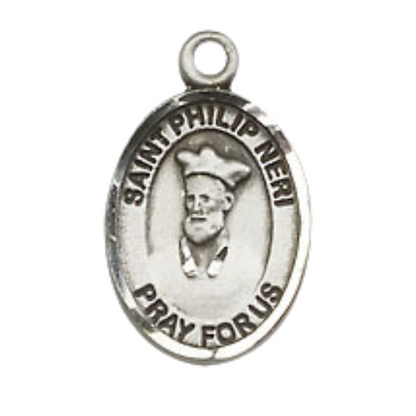Small Sized Women's Pewter Saint St. Philip Neri Medal Pendant on 18 Inch Rhodium Plated Lite Curb Brass Chain with Lobster Claw Clasp, Catholic Religious Necklace - Made in USA- Velvet Gift Box