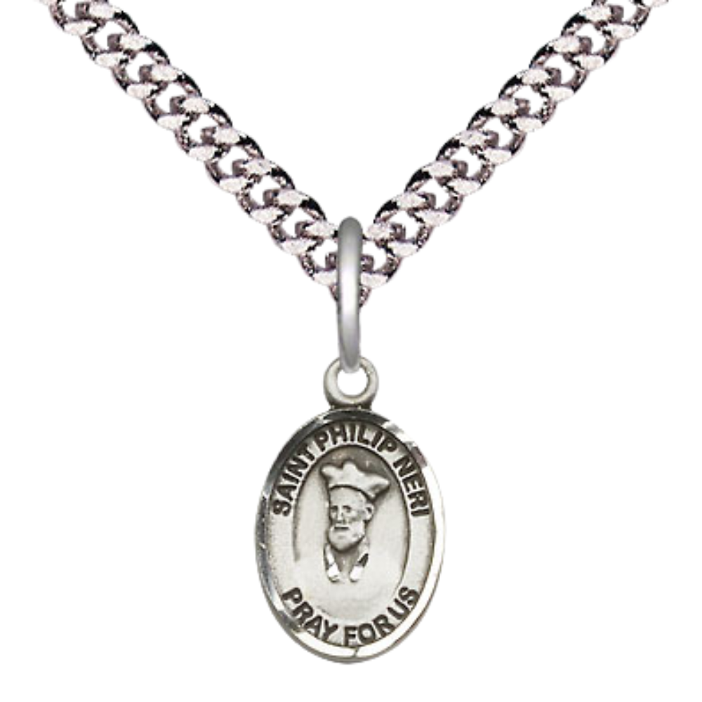 Small Sized Men's Pewter Saint St. Philip Neri Medal Pendant on 24 Inch Endless Rhodium Plated Heavy Curb Brass Chain, Catholic Religious Necklace - Made in USA- Deluxe Velvet Gift Box