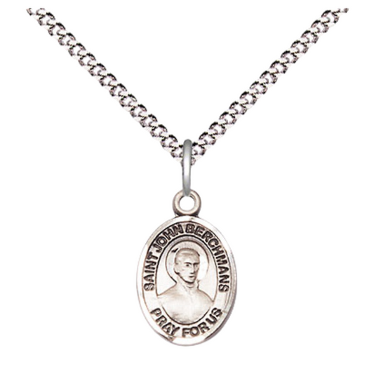 Small Sized Women's .925 Sterling Silver Saint St. John Berchmans Medal Pendant on 18 Inch Rhodium Plated Lite Curb Brass Chain with Lobster Claw Clasp, Catholic Religious Necklace - Made in USA- Velvet Gift Box