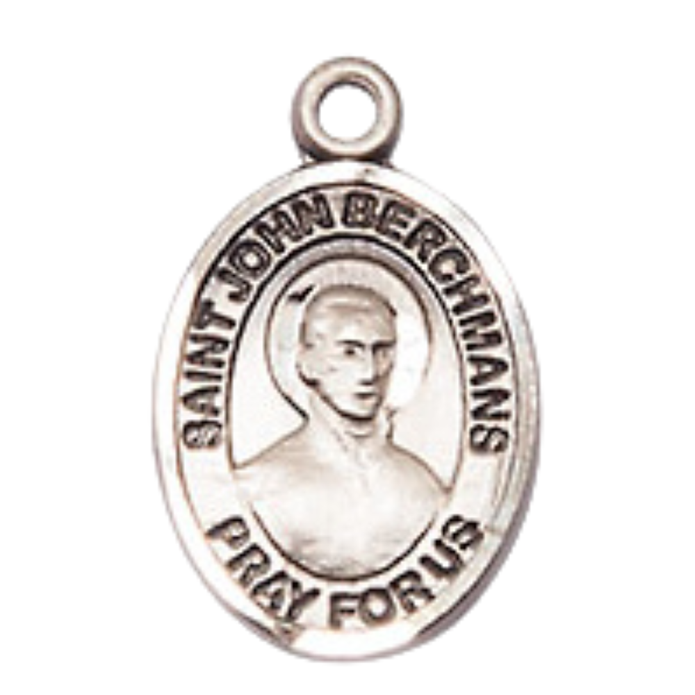 Small Sized Women's .925 Sterling Silver Saint St. John Berchmans Medal Pendant on 18 Inch Rhodium Plated Lite Curb Brass Chain with Lobster Claw Clasp, Catholic Religious Necklace - Made in USA- Velvet Gift Box