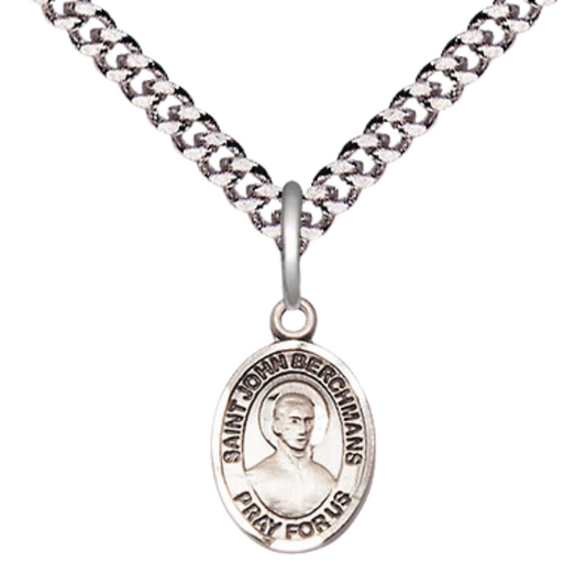 Small Sized Men's Pewter Saint St. John Berchmans Medal Pendant on 24 Inch Endless Rhodium Plated Heavy Curb Brass Chain, Catholic Religious Necklace - Made in USA- Deluxe Velvet Gift Box