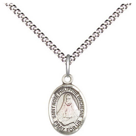 Small Sized Women's .925 Sterling Silver Saint St. Rose Philippine Medal Pendant on 18 Inch Rhodium Plated Lite Curb Brass Chain with Lobster Claw Clasp, Catholic Religious Necklace - Made in USA- Velvet Gift Box