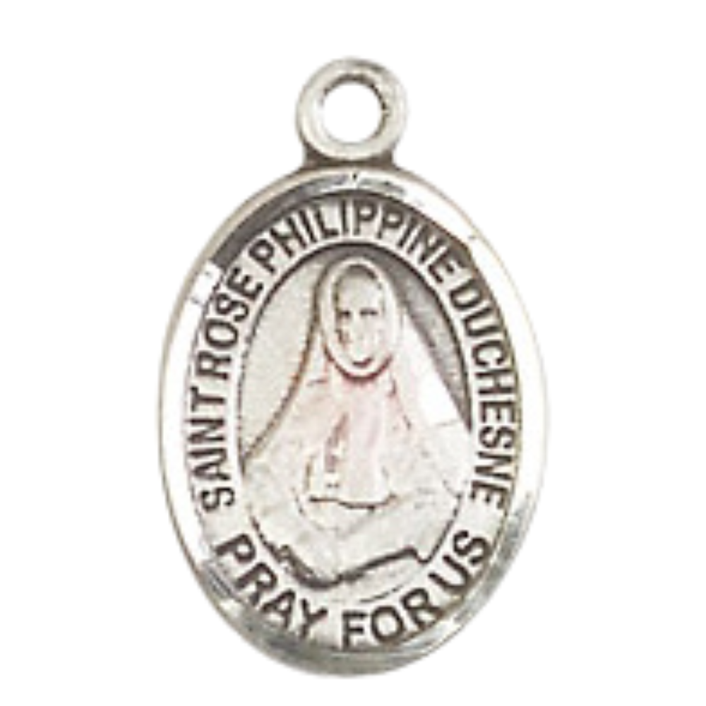 Small Sized Women's Pewter Saint Rose Philippine Medal Pendant on 18 Inch Rhodium Plated Lite Curb Brass Chain with Lobster Claw Clasp, Catholic Religious Necklace - Made in USA- Velvet Gift Box