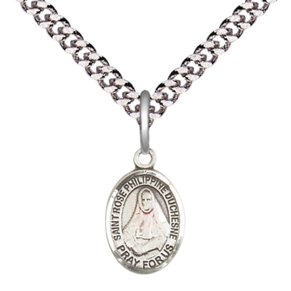 Small Sized Men's Pewter Saint St. Rose Philippine Medal Pendant on 24 Inch Endless Rhodium Plated Heavy Curb Brass Chain, Catholic Religious Necklace - Made in USA- Deluxe Velvet Gift Box