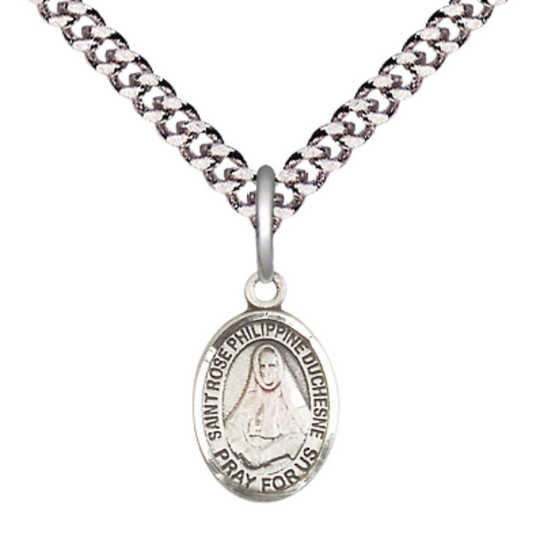Small Sized Men's Pewter Saint St. Rose Philippine Medal Pendant on 24 Inch Endless Rhodium Plated Heavy Curb Brass Chain, Catholic Religious Necklace - Made in USA- Deluxe Velvet Gift Box