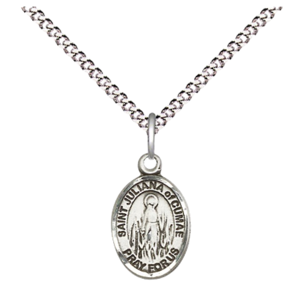 Small Sized Women's Pewter Saint St. Juliana Medal Pendant on 18 Inch Rhodium Plated Lite Curb Brass Chain with Lobster Claw Clasp, Catholic Religious Necklace - Made in USA- Velvet Gift Box