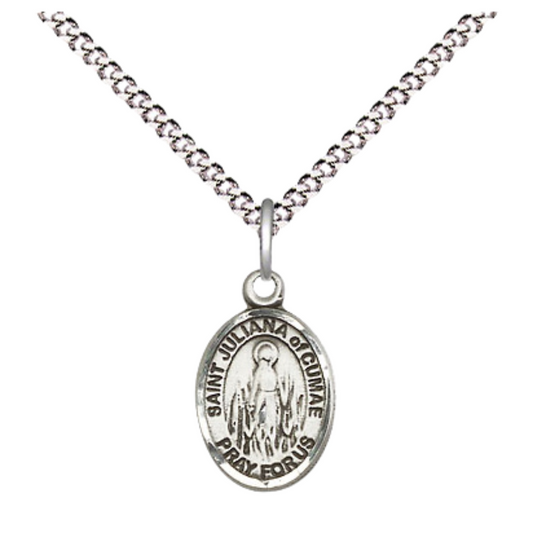 Small Sized Women's Pewter Saint St. Juliana Medal Pendant on 18 Inch Rhodium Plated Lite Curb Brass Chain with Lobster Claw Clasp, Catholic Religious Necklace - Made in USA- Velvet Gift Box