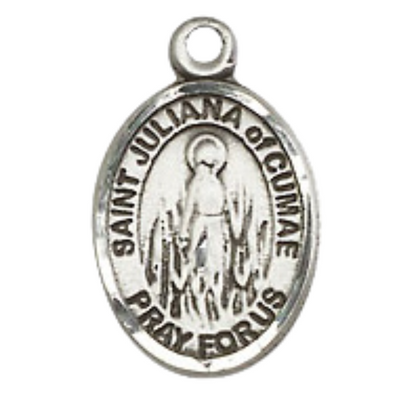 Small Sized Women's Pewter Saint St. Juliana Medal Pendant on 18 Inch Rhodium Plated Lite Curb Brass Chain with Lobster Claw Clasp, Catholic Religious Necklace - Made in USA- Velvet Gift Box