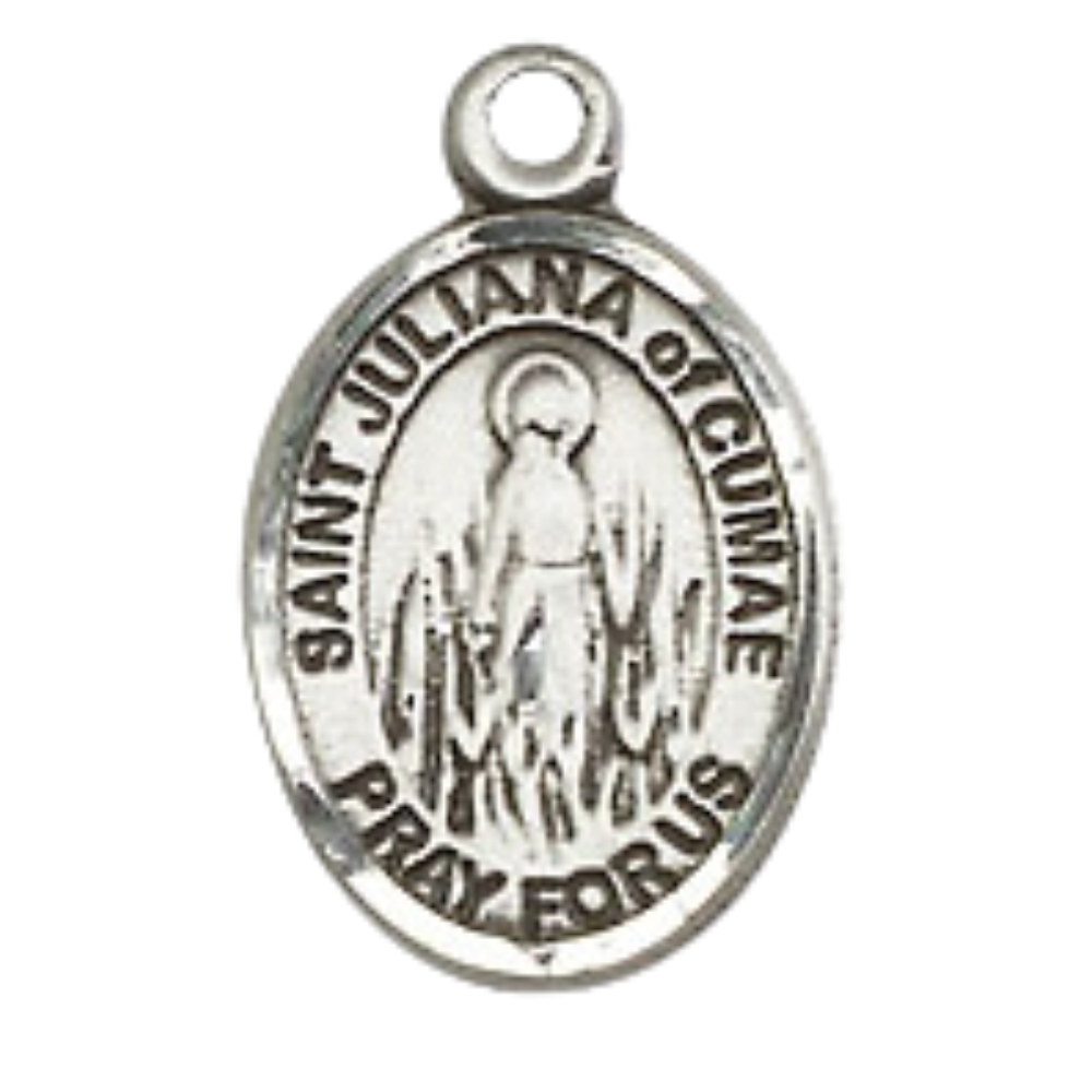 Small Sized Women's .925 Sterling Silver Saint St. Juliana Medal Pendant on 18 Inch Rhodium Plated Lite Curb Brass Chain with Lobster Claw Clasp, Catholic Religious Necklace - Made in USA- Velvet Gift Box