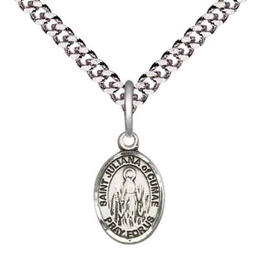 Small Sized Men's .925 Sterling Silver Saint St. Juliana Medal Pendant on 24 Inch Endless Rhodium Plated Heavy Curb Brass Chain, Catholic Religious Necklace - Made in USA- Deluxe Velvet Gift Box