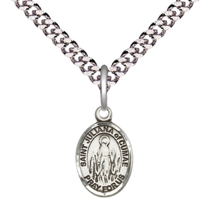 Small Sized Men's Pewter Saint St. Juliana Medal Pendant on 24 Inch Endless Rhodium Plated Heavy Curb Brass Chain, Catholic Religious Necklace - Made in USA- Deluxe Velvet Gift Box