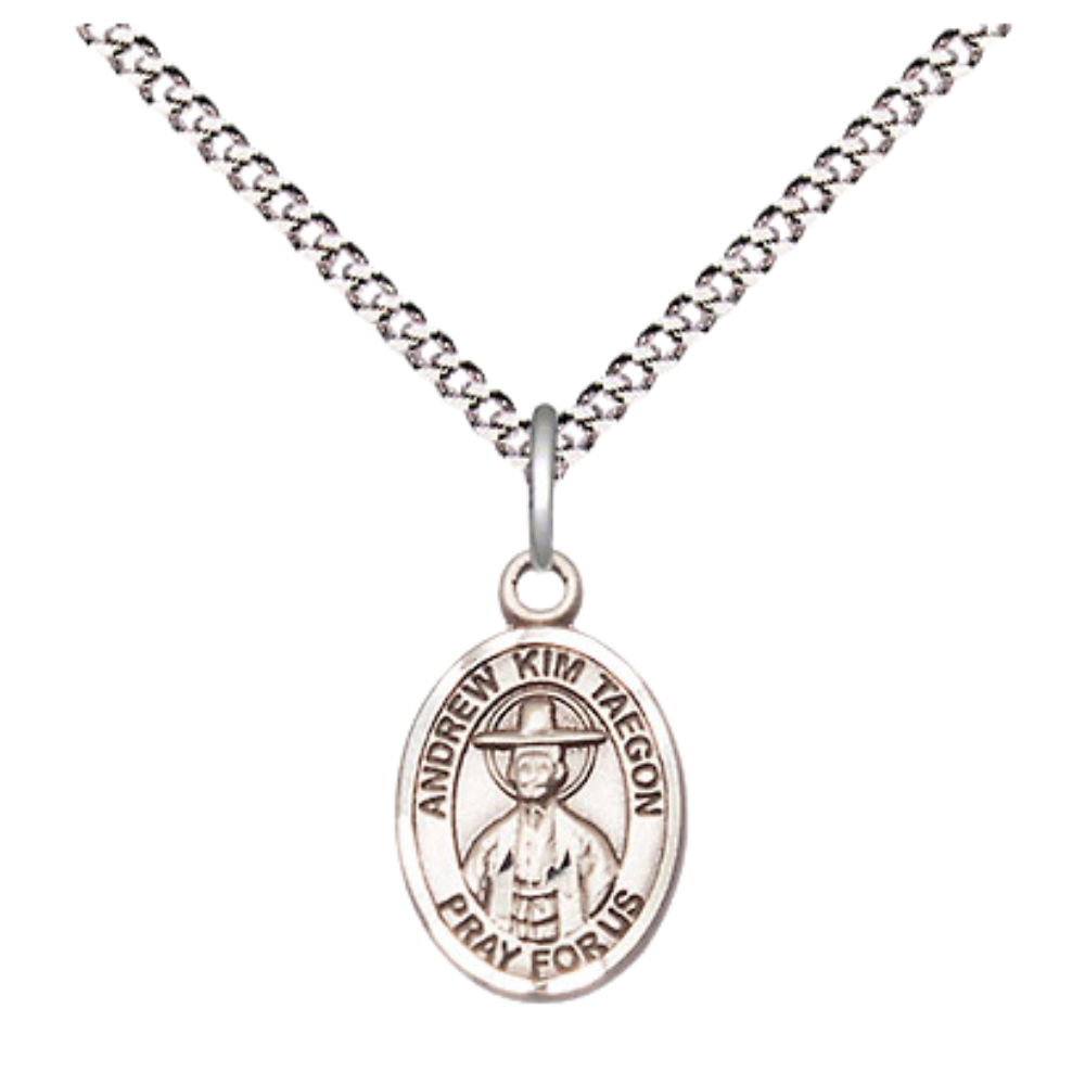 Small Sized Women's Pewter Saint St. Andrew Kim Taegon Medal Pendant on 18 Inch Rhodium Plated Lite Curb Brass Chain with Lobster Claw Clasp, Catholic Religious Necklace - Made in USA- Velvet Gift Box