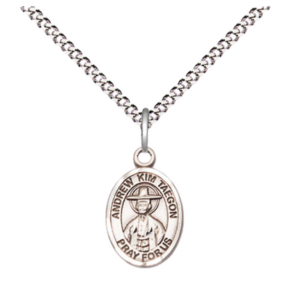 Small Sized Women's Pewter Saint St. Andrew Kim Taegon Medal Pendant on 18 Inch Rhodium Plated Lite Curb Brass Chain with Lobster Claw Clasp, Catholic Religious Necklace - Made in USA- Velvet Gift Box