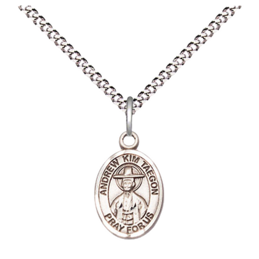 Small Sized Women's Pewter Saint St. Andrew Kim Taegon Medal Pendant on 18 Inch Rhodium Plated Lite Curb Brass Chain with Lobster Claw Clasp, Catholic Religious Necklace - Made in USA- Velvet Gift Box