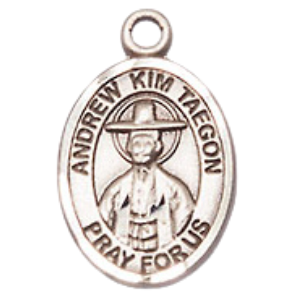 Small Sized Women's Pewter Saint St. Andrew Kim Taegon Medal Pendant on 18 Inch Rhodium Plated Lite Curb Brass Chain with Lobster Claw Clasp, Catholic Religious Necklace - Made in USA- Velvet Gift Box