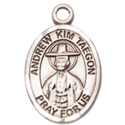 Small Sized Women's Pewter Saint St. Andrew Kim Taegon Medal Pendant on 18 Inch Rhodium Plated Lite Curb Brass Chain with Lobster Claw Clasp, Catholic Religious Necklace - Made in USA- Velvet Gift Box