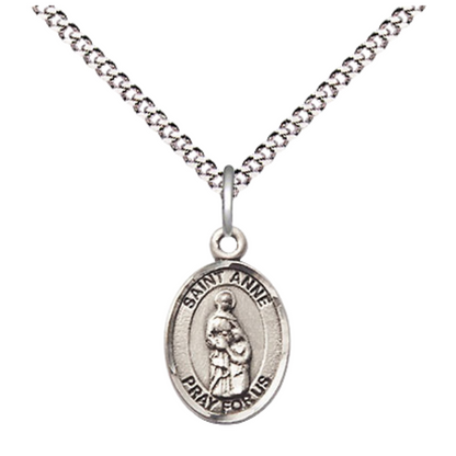 Small Sized Women's Pewter Saint St. Anne Medal Pendant on 18 Inch Rhodium Plated Lite Curb Brass Chain with Lobster Claw Clasp, Catholic Religious Necklace - Made in USA- Velvet Gift Box