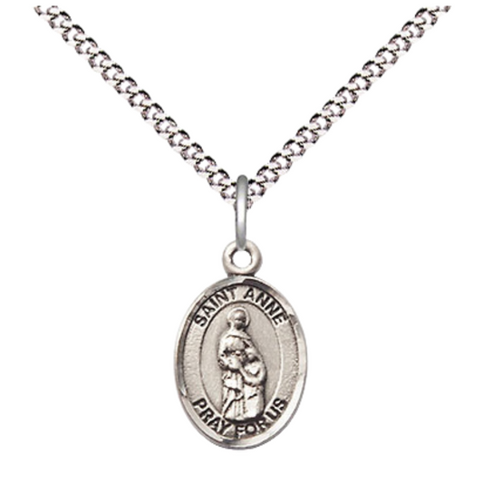 Small Sized Women's Pewter Saint St. Anne Medal Pendant on 18 Inch Rhodium Plated Lite Curb Brass Chain with Lobster Claw Clasp, Catholic Religious Necklace - Made in USA- Velvet Gift Box
