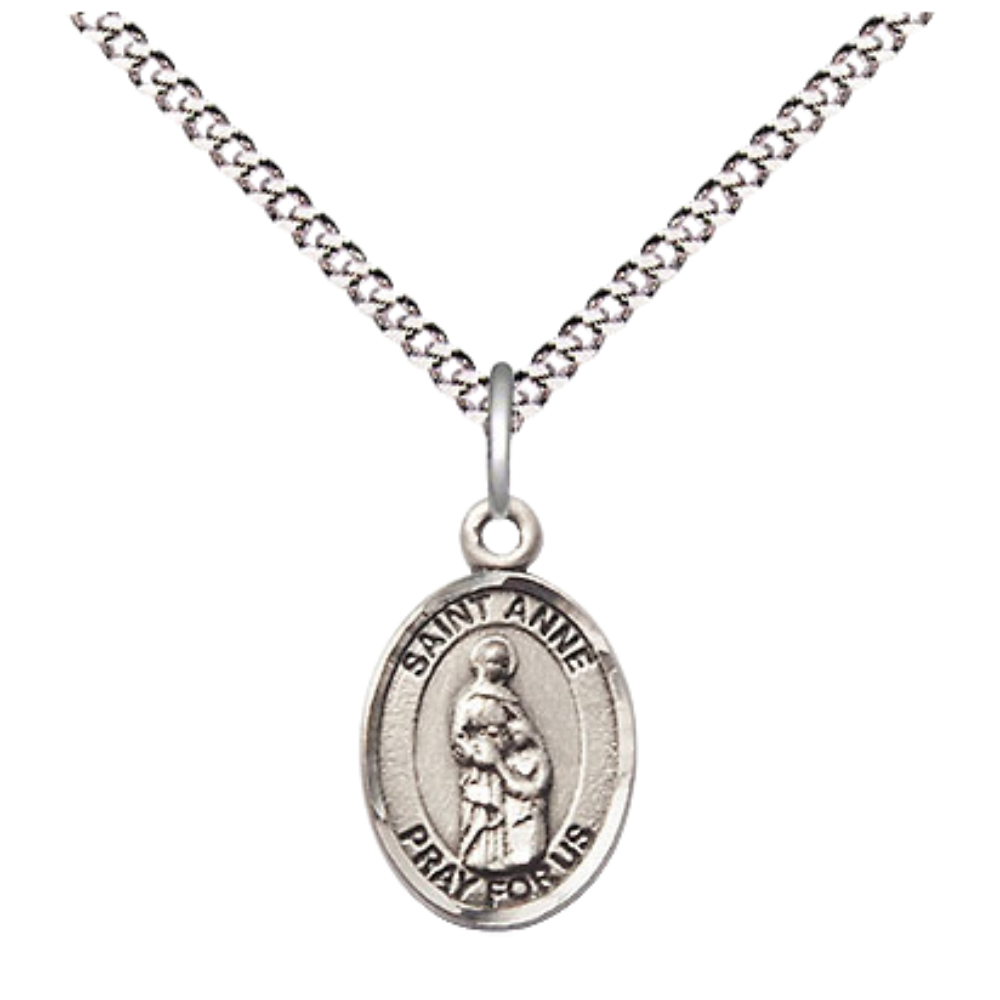 Small Sized Women's Pewter Saint St. Anne Medal Pendant on 18 Inch Rhodium Plated Lite Curb Brass Chain with Lobster Claw Clasp, Catholic Religious Necklace - Made in USA- Velvet Gift Box