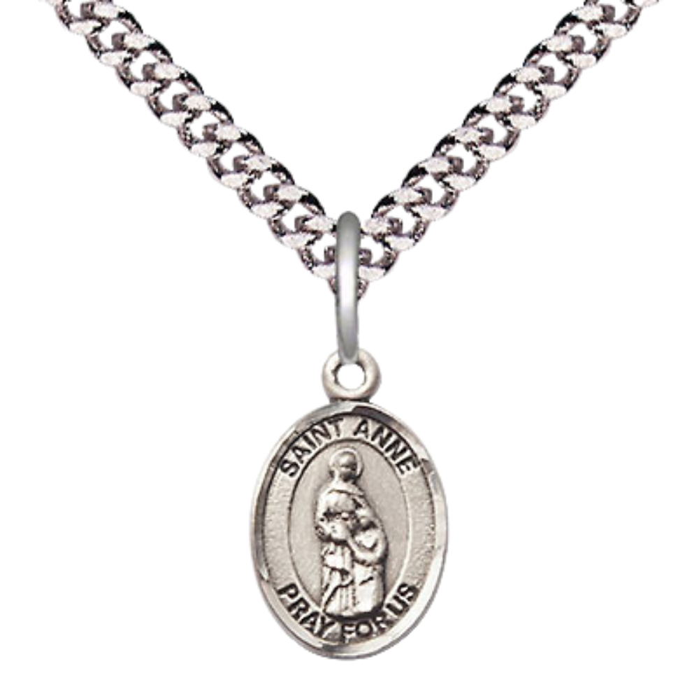 Everlasting Light Jewelry Small Sized Men's Pewter Saint St. Anne Medal Pendant on 24 Inch Endless Rhodium Plated Heavy Curb Brass Chain, Catholic Religious Necklace - Made in USA- Deluxe Velvet Gift Box
