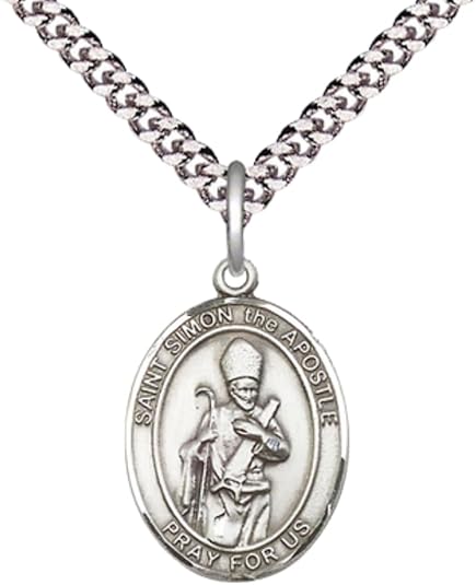 Small Sized .925 Sterling Silver Saint St. Simon Medal Pendant on 24 Inch Endless Rhodium Plated Heavy Curb Brass Chain, Catholic Religious Necklace - Made in USA- Deluxe Velvet Gift Box