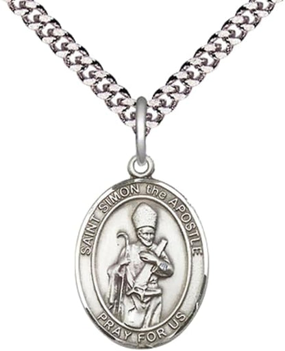 Small Sized .925 Sterling Silver Saint St. Simon Medal Pendant on 24 Inch Endless Rhodium Plated Heavy Curb Brass Chain, Catholic Religious Necklace - Made in USA- Deluxe Velvet Gift Box