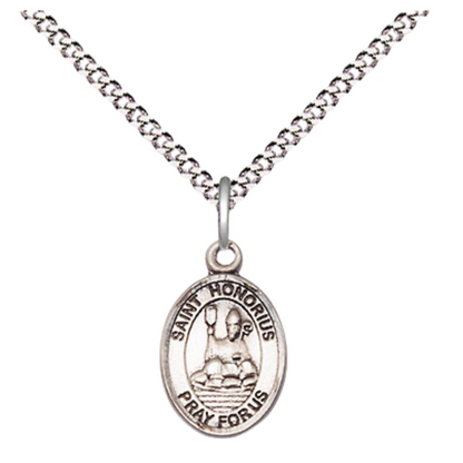 Small Sized Women's Pewter Saint St. Honorius Medal Pendant on 18 Inch Rhodium Plated Lite Curb Brass Chain with Lobster Claw Clasp, Catholic Religious Necklace - Made in USA- Velvet Gift Box