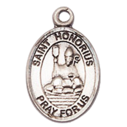 Small Sized Women's Pewter Saint St. Honorius Medal Pendant on 18 Inch Rhodium Plated Lite Curb Brass Chain with Lobster Claw Clasp, Catholic Religious Necklace - Made in USA- Velvet Gift Box