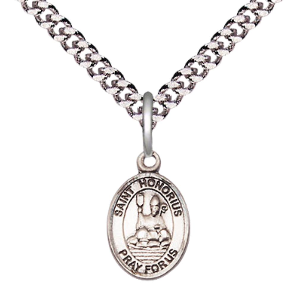 Small Sized Men's Pewter Saint St. Honorius Medal Pendant on 24 Inch Endless Rhodium Plated Heavy Curb Brass Chain, Catholic Religious Necklace - Made in USA- Deluxe Velvet Gift Box