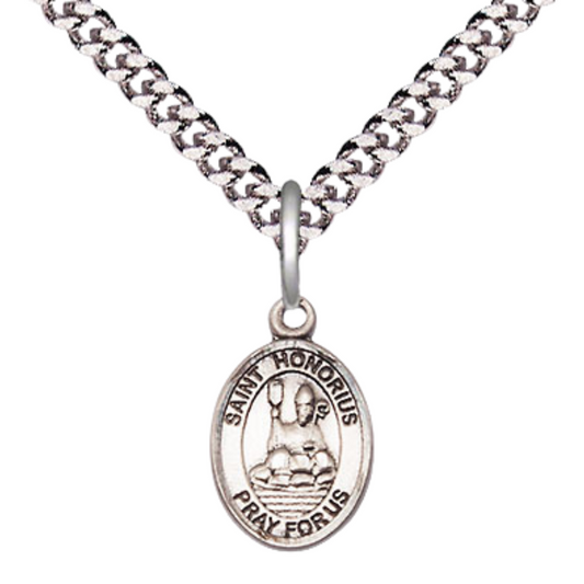 Small Sized Men's Pewter Saint St. Honorius Medal Pendant on 24 Inch Endless Rhodium Plated Heavy Curb Brass Chain, Catholic Religious Necklace - Made in USA- Deluxe Velvet Gift Box