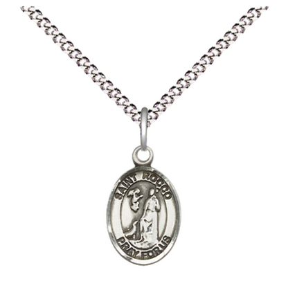 Small Sized Women's Pewter Saint St. Rocco Medal Pendant on 18 Inch Rhodium Plated Lite Curb Brass Chain with Lobster Claw Clasp, Catholic Religious Necklace - Made in USA- Velvet Gift Box