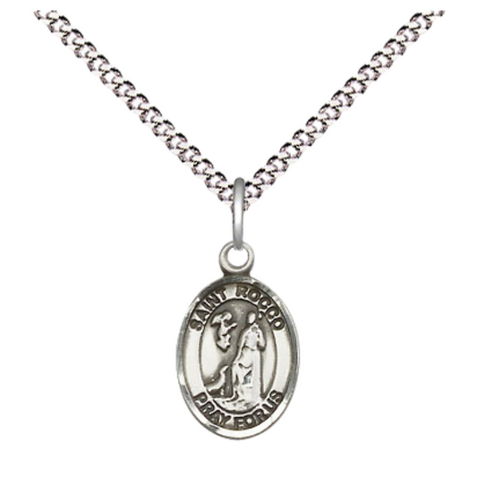 Small Sized Women's Pewter Saint St. Rocco Medal Pendant on 18 Inch Rhodium Plated Lite Curb Brass Chain with Lobster Claw Clasp, Catholic Religious Necklace - Made in USA- Velvet Gift Box