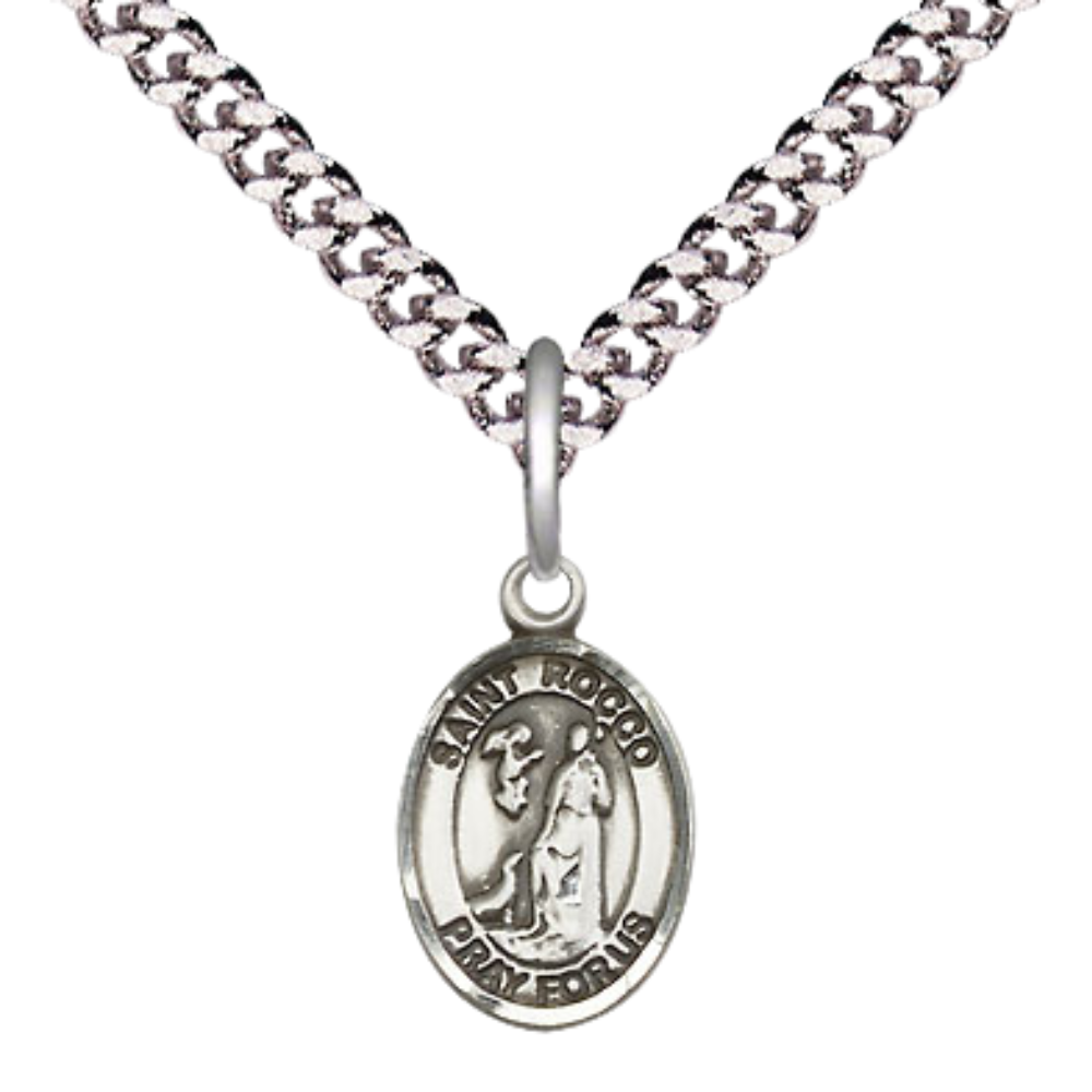 Everlasting Light Jewelry Small Sized Men's Pewter Saint St. Rocco Medal Pendant on 24 Inch Endless Rhodium Plated Heavy Curb Brass Chain, Catholic Religious Necklace - Made in USA- Deluxe Velvet Gift Box