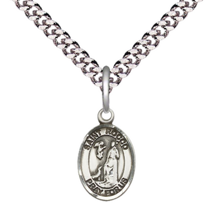 Everlasting Light Jewelry Small Sized Men's Pewter Saint St. Rocco Medal Pendant on 24 Inch Endless Rhodium Plated Heavy Curb Brass Chain, Catholic Religious Necklace - Made in USA- Deluxe Velvet Gift Box