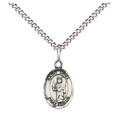 Small Sized Women's Pewter Saint St. Uriel the Archangel Medal Pendant on 18 Inch Rhodium Plated Lite Curb Brass Chain with Lobster Claw Clasp, Catholic Religious Necklace - Made in USA- Velvet Gift Box
