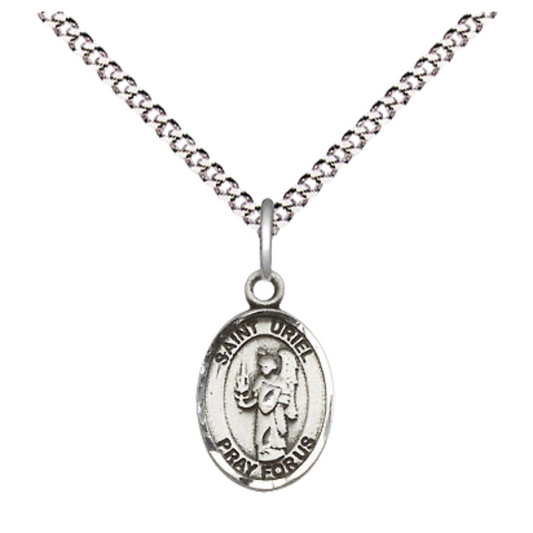 Small Sized Women's .925 Sterling Silver Saint St. Uriel the Archangel Medal Pendant on 18 Inch Rhodium Plated Lite Curb Brass Chain w/ Lobster Claw Clasp, Catholic Religious Necklace - Made in USA- Velvet Gift Box
