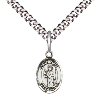 Small Sized Men's Pewter Saint St. Uriel the Archangel Medal Pendant on 24 Inch Endless Rhodium Plated Heavy Curb Brass Chain, Catholic Religious Necklace - Made in USA- Deluxe Velvet Gift Box