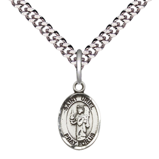 Small Sized Men's Pewter Saint St. Uriel the Archangel Medal Pendant on 24 Inch Endless Rhodium Plated Heavy Curb Brass Chain, Catholic Religious Necklace - Made in USA- Deluxe Velvet Gift Box