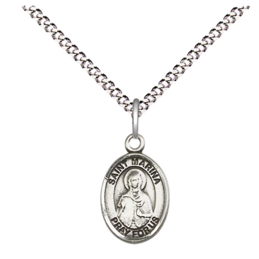 Small Sized Women's .925 Sterling Silver Saint St. Marina Medal Pendant on 18 Inch Rhodium Plated Lite Curb Brass Chain with Lobster Claw Clasp, Catholic Religious Necklace - Made in USA- Velvet Gift Box